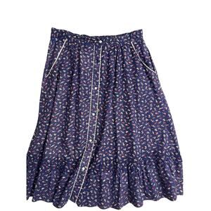 Eccobay Navy Blue Ditsy Floral Button Front Midi Skirt (182_P)